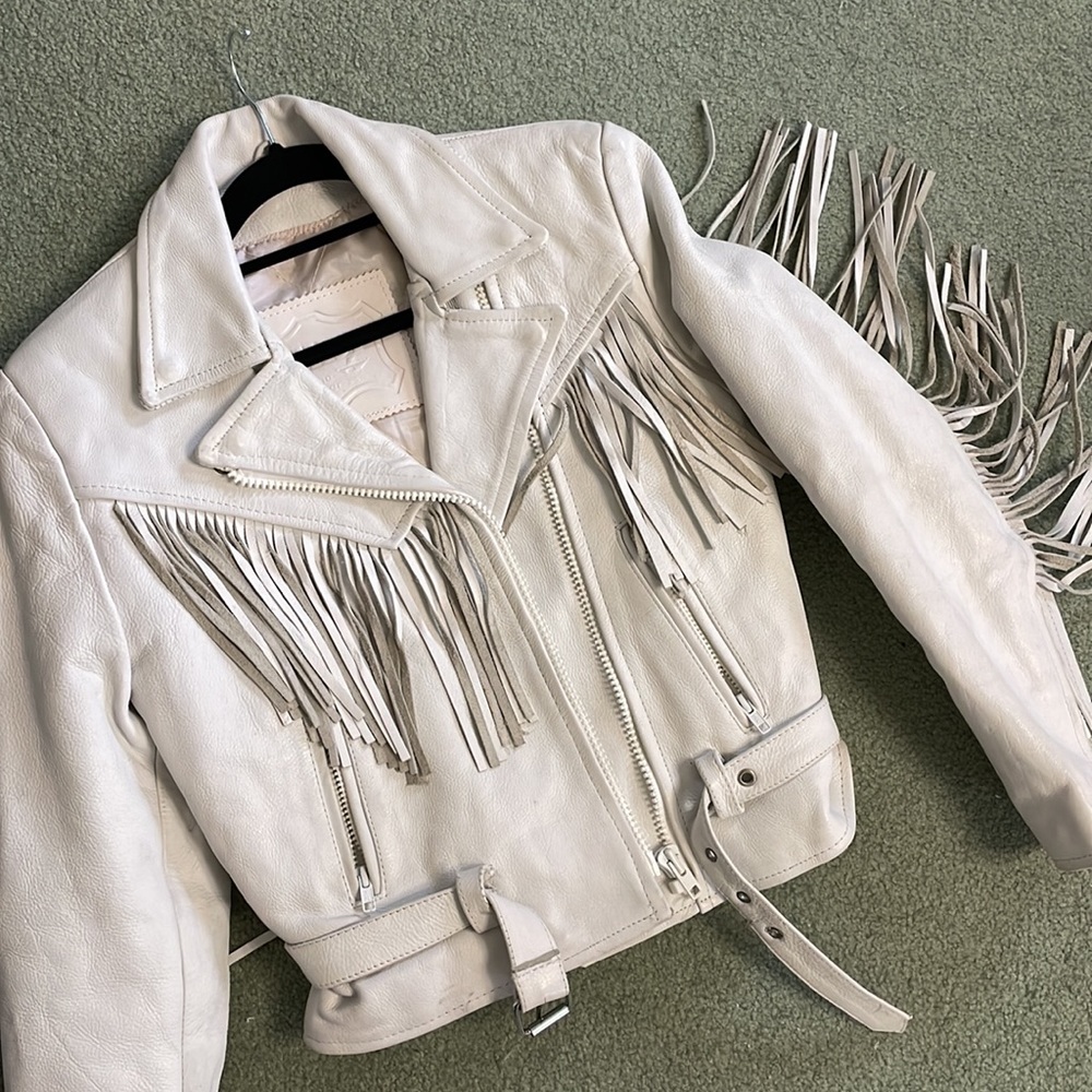 Vintage white leather biker jacket with fringe